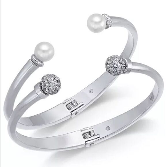 Charter Club 2 Piece Set Pavé Bead & Lavender Imitation Pearl Cuff Bracelets New - Picture 1 of 6